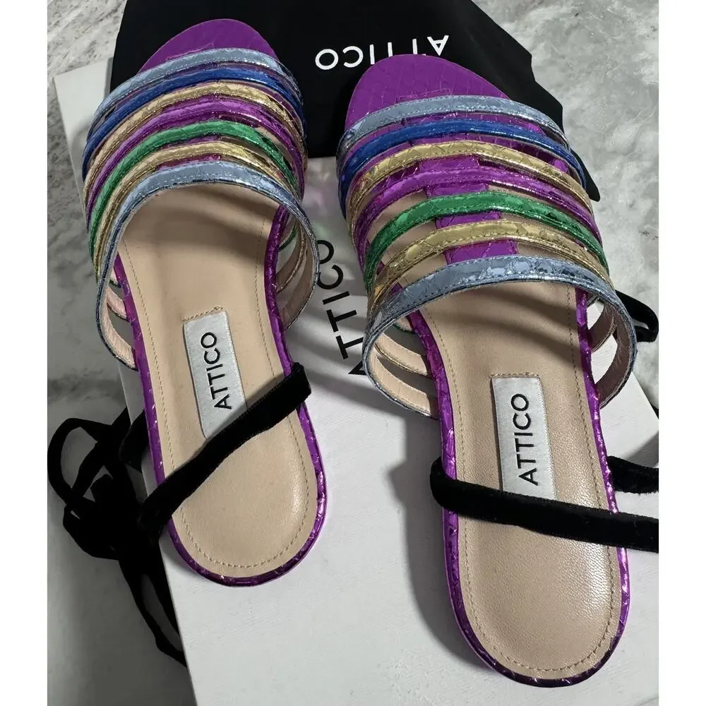 New Attico Rainbow Metallic Strappy Flat Slide on Sandals Size 35
